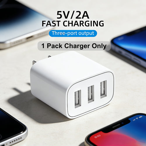 3 Port USB Wall Charger US Plug, 5V 2A Fast Charging Power Adapter Plug, Power Outlets Additions Compatible with for Iphone, Galaxy, Tablets & Small Devices