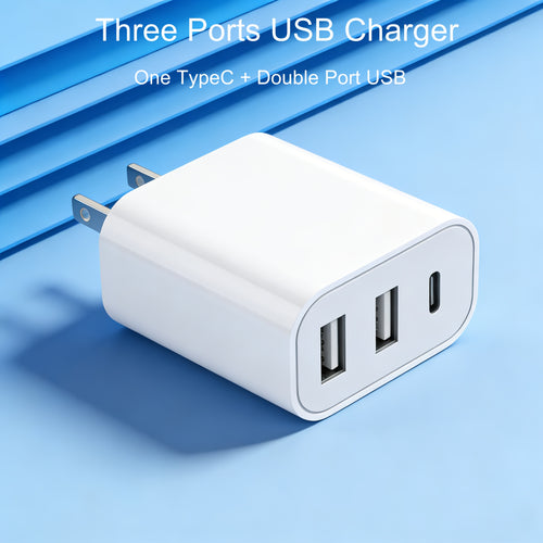 3-Port 2A+1C Fast Compact Wall Charger, 3-in-1 Multi-Port USB Type-C Fast Charger. Suitable for iPhone, Galaxy, iPad, Tablets, and Other Smartphones